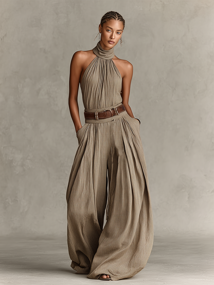 Women's Taupe Cotton-Blend Jumpsuit With Halter Neck & Wide-Leg Silhouette, Timeless Boho-Elegant Style Jumpsuit (Without Belt)