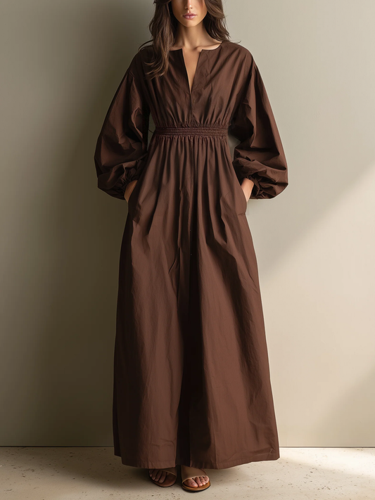 Women's Casual Brown Cotton And Linen V-neck Long-sleeved Maxi Dress With Elastic Waist