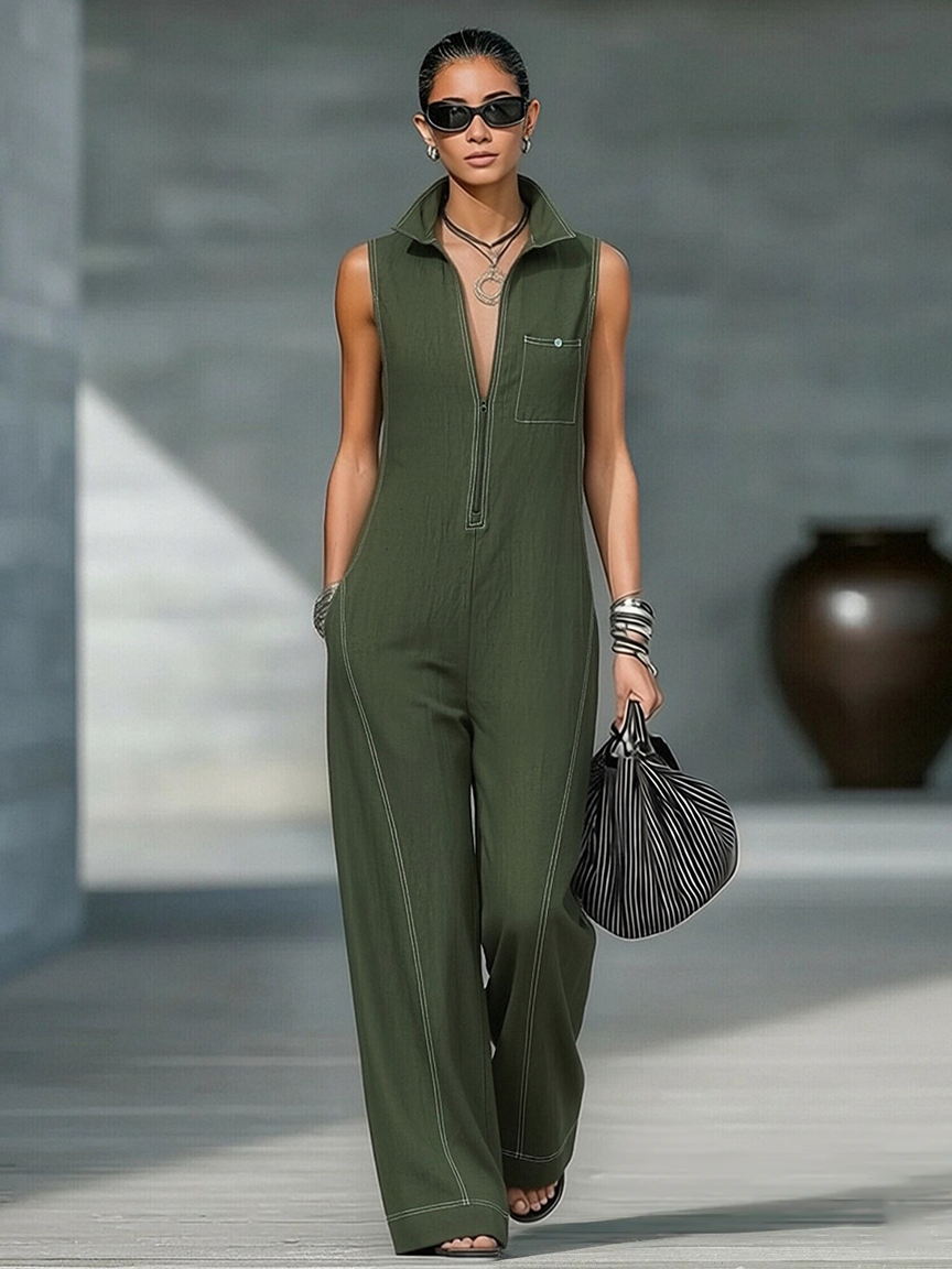 Women's Minimalist Loose-fitting White Trim Sleeveless Jumpsuit