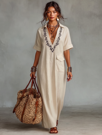 Women's Minimalist Linen Blend Embroidered Short-sleeved Shirt Maxi Dress