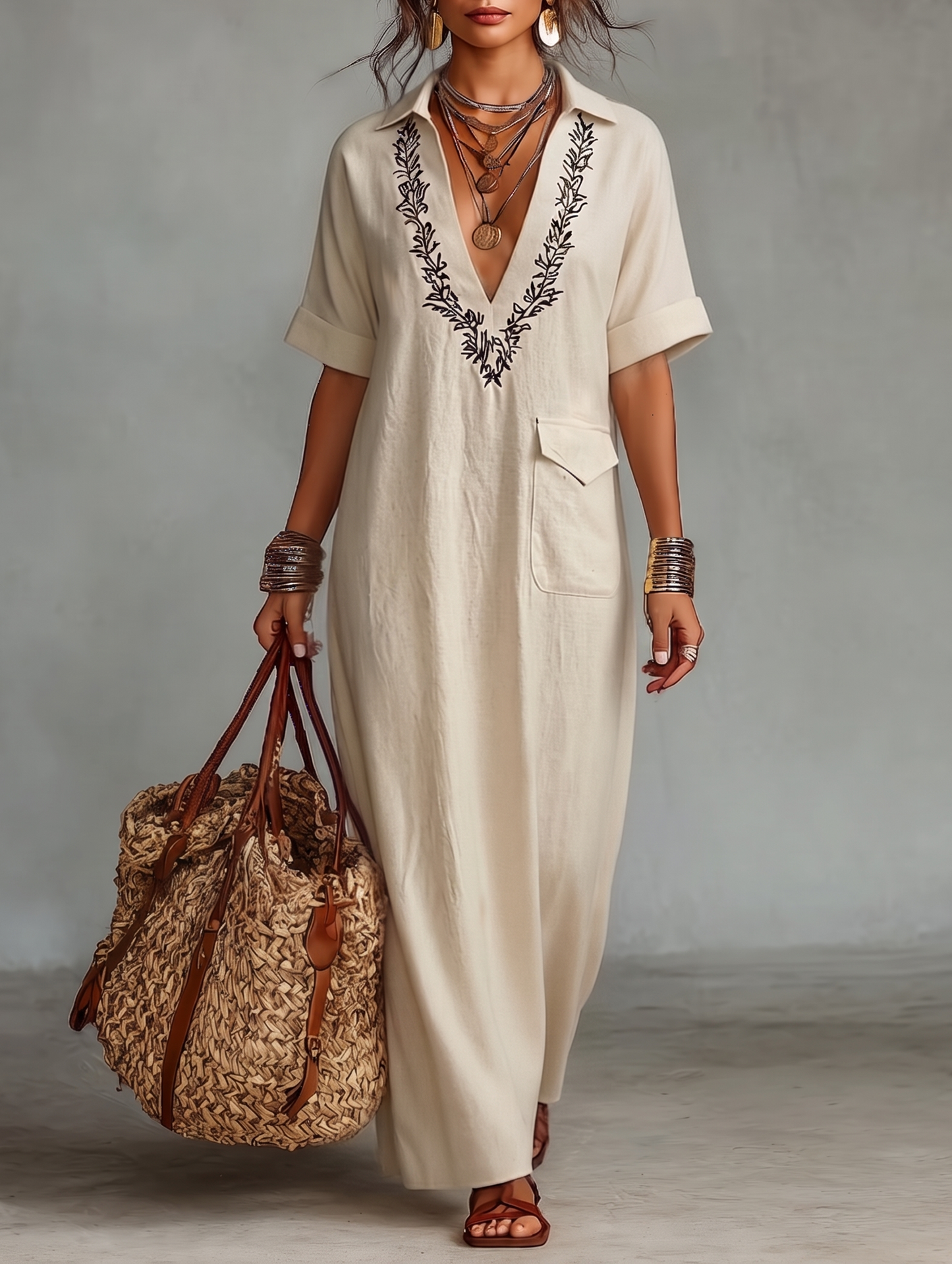 Women's Minimalist Linen Blend Embroidered Short-sleeved Shirt Maxi Dress