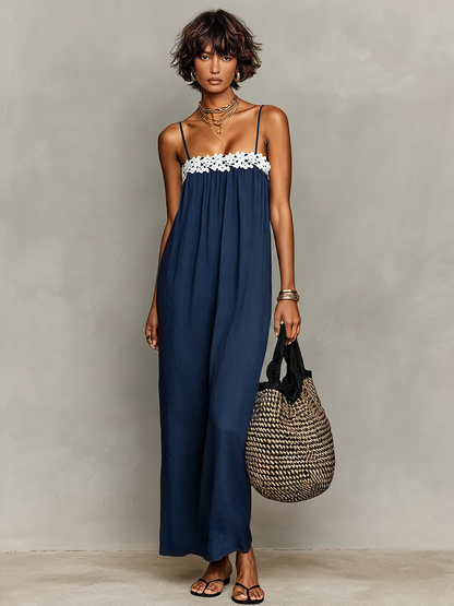 Women's Minimalist Linen-Blend Lace-Paneled Strapless With Spaghetti Straps Maxi Dress