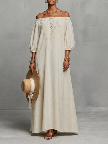 Women's Minimalist Off-the-shoulder Three-quarter Sleeve Embroidered Maxi Dress