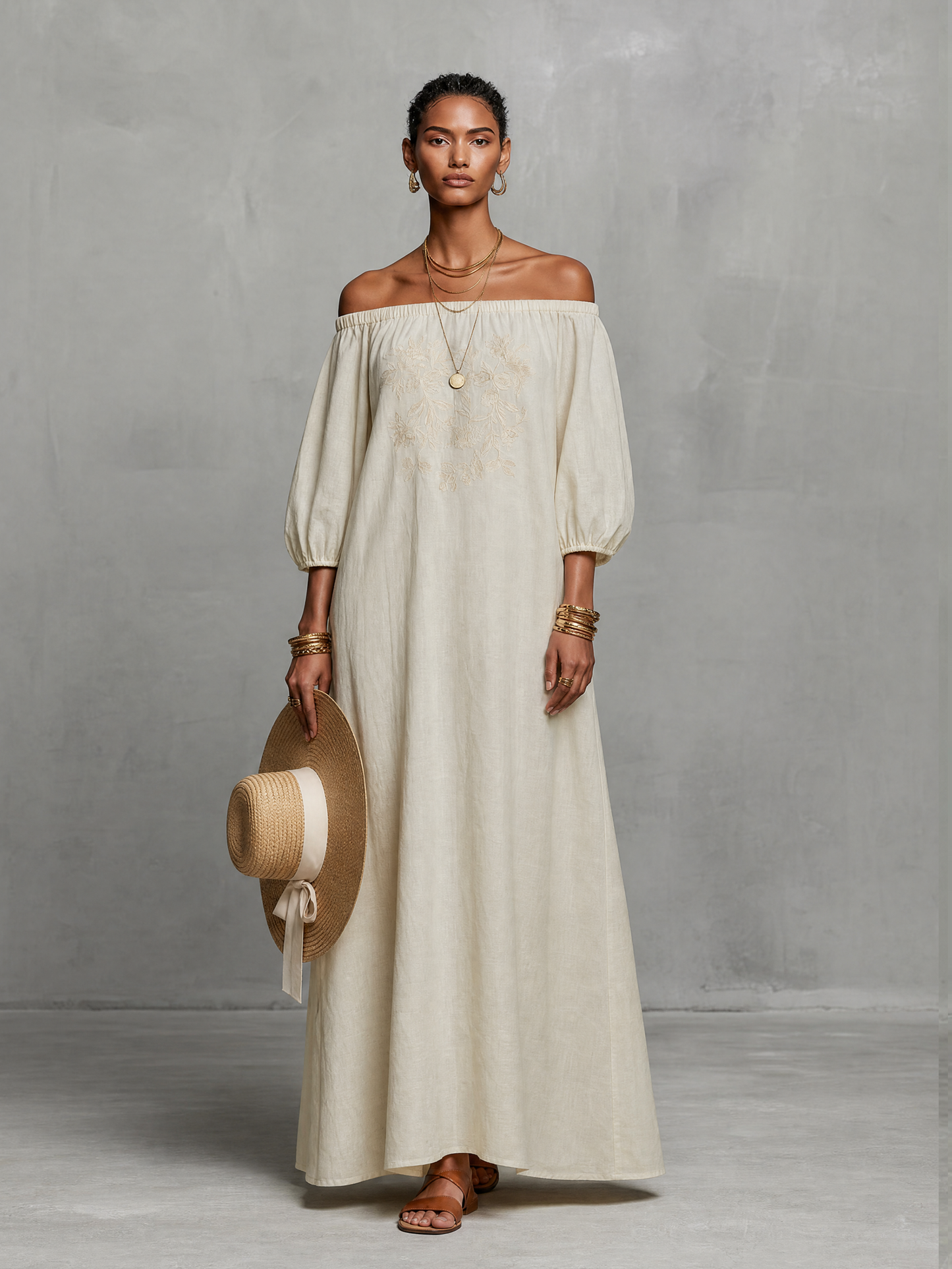 Women's Minimalist Off-the-shoulder Three-quarter Sleeve Embroidered Maxi Dress