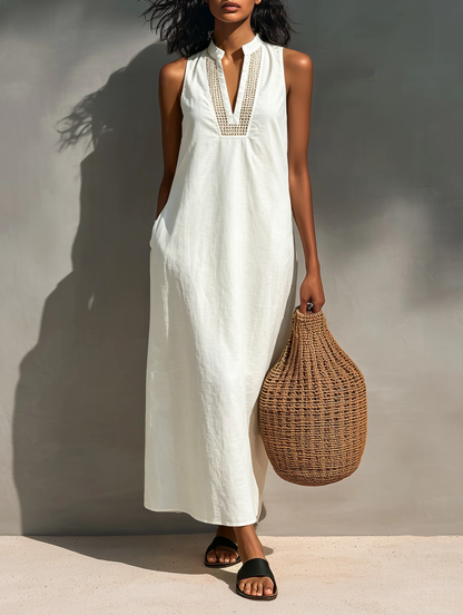 Women's Minimalist Sleeveless Maxi Dress With Cutout Neckline