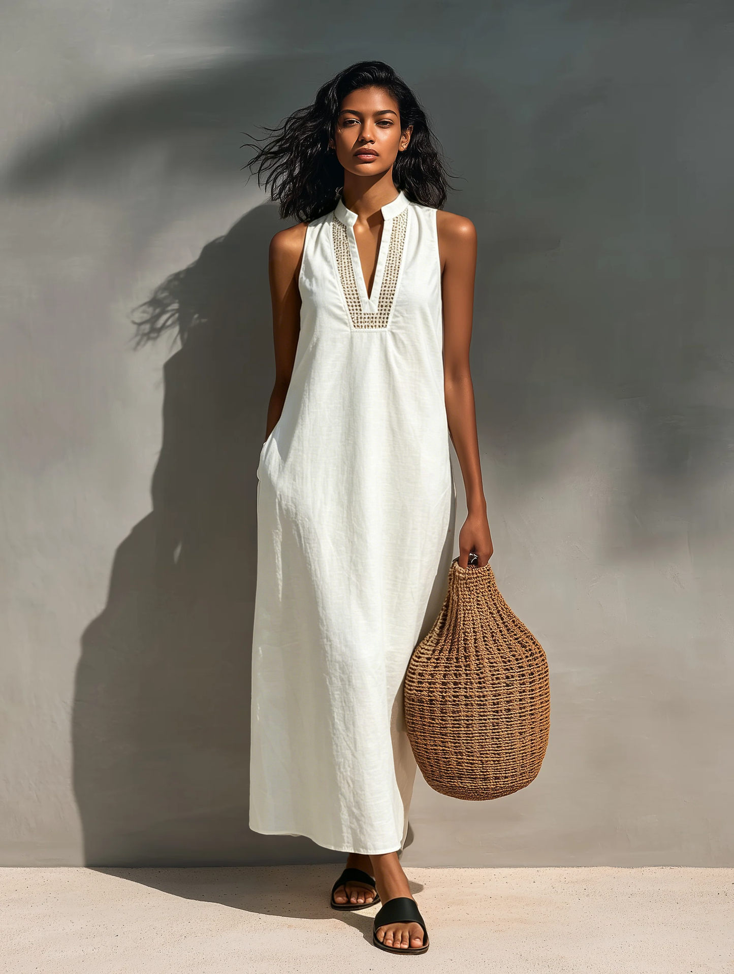 Women's Minimalist Sleeveless Maxi Dress With Cutout Neckline