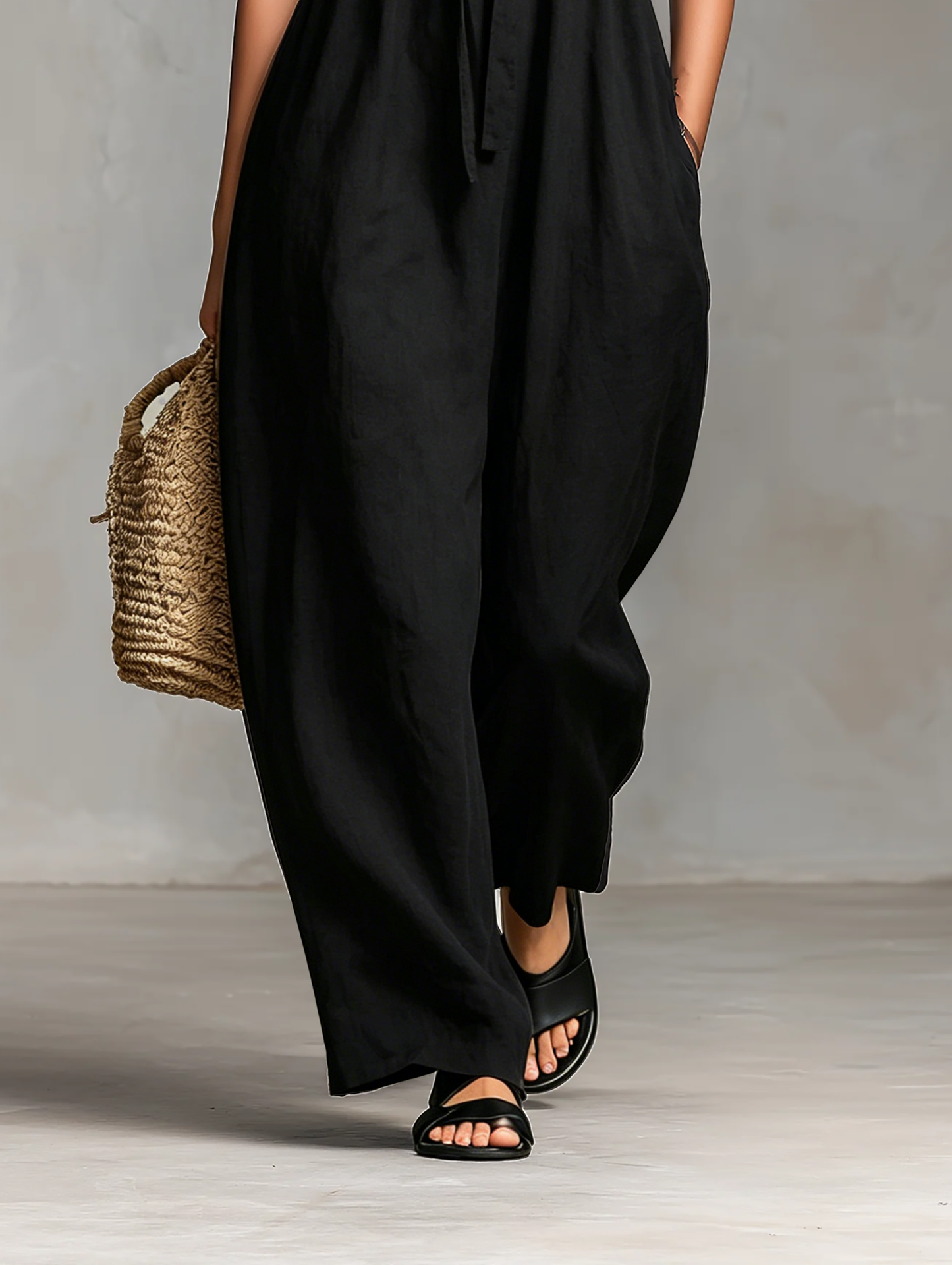 Women's Minimalist Loose-fitting Linen Blend Strapless Jumpsuit With Tie Closure