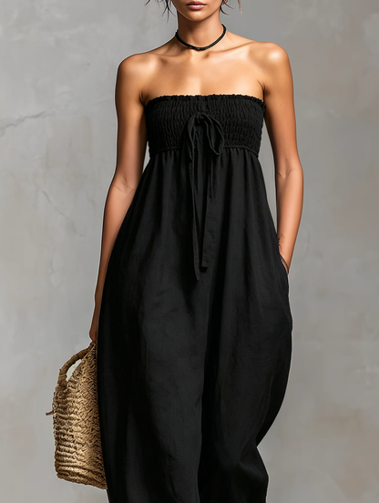 Women's Minimalist Loose-fitting Linen Blend Strapless Jumpsuit With Tie Closure