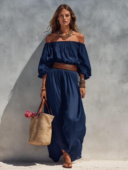Women's Casual Dark Blue Cotton Linen Strapless Long-sleeved Dress (belt Not Included)
