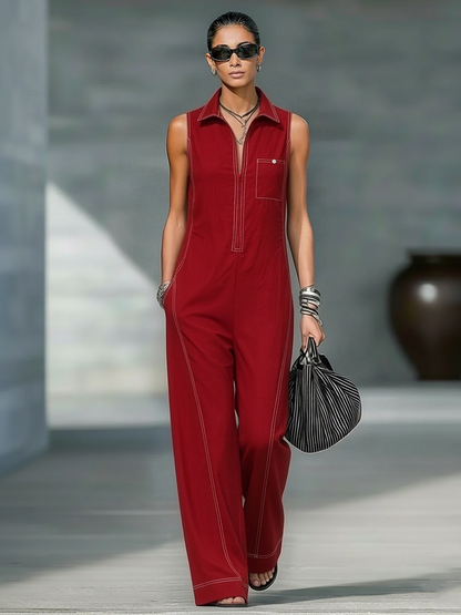 Women's Minimalist Loose-fitting White Trim Sleeveless Jumpsuit