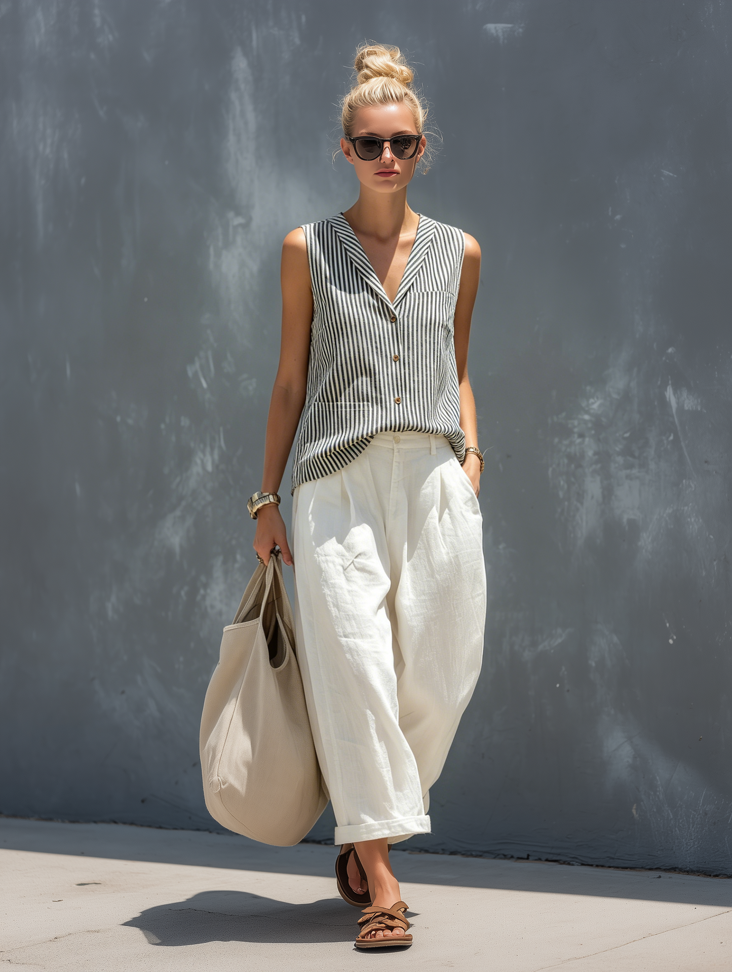 Women's Casual Striped Woven Sleeveless Vest Paired With White Cotton And Linen Trousers Set