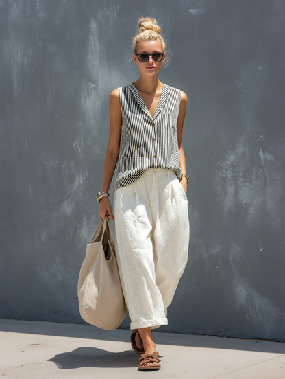 Women's Casual Striped Woven Sleeveless Vest Paired With White Cotton And Linen Trousers Set