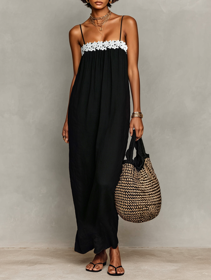 Women's Minimalist Linen-Blend Lace-Paneled Strapless With Spaghetti Straps Maxi Dress