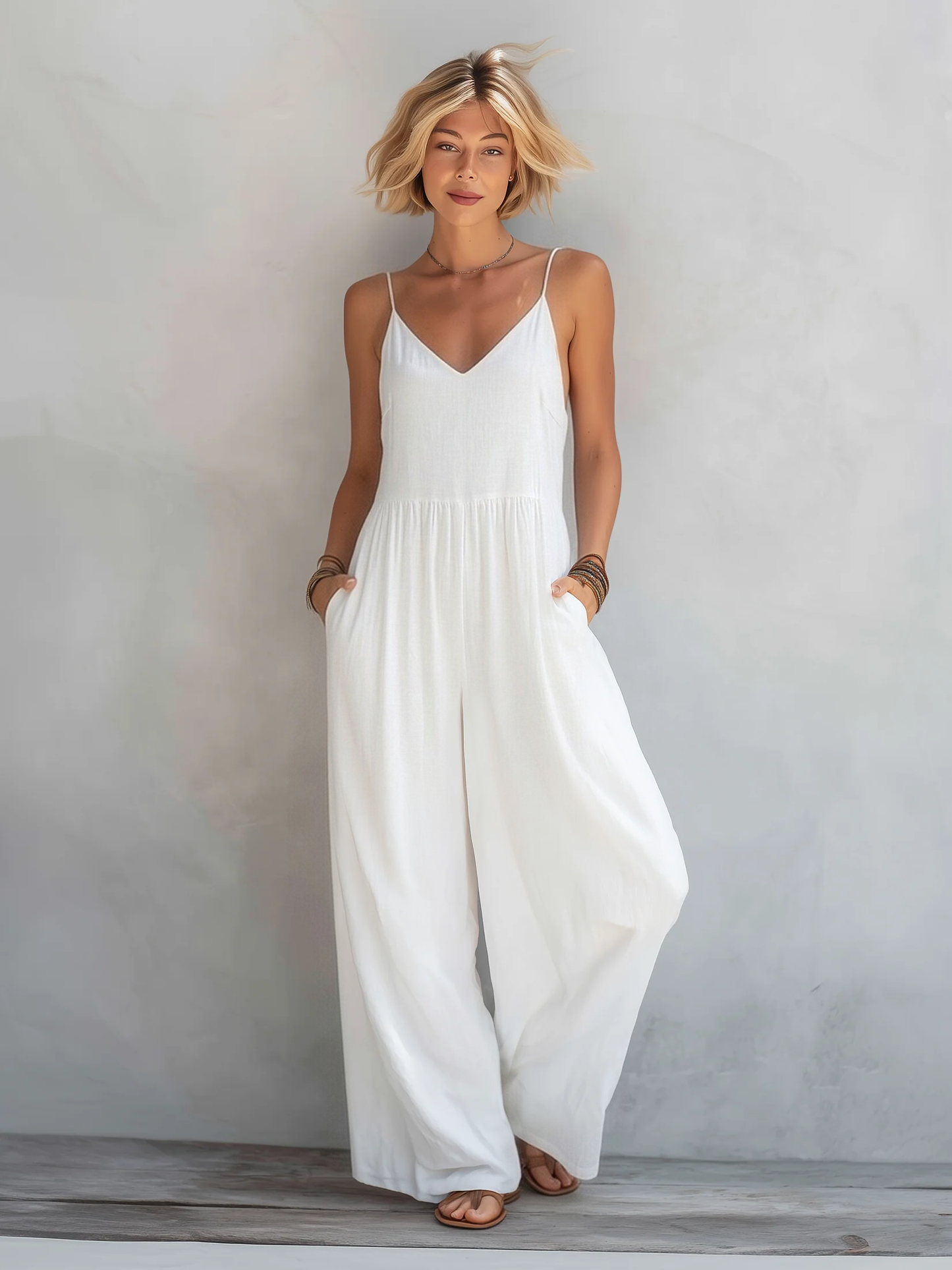 Women's Casual White Cotton-linen Blend Sleeveless Loose Jumpsuit