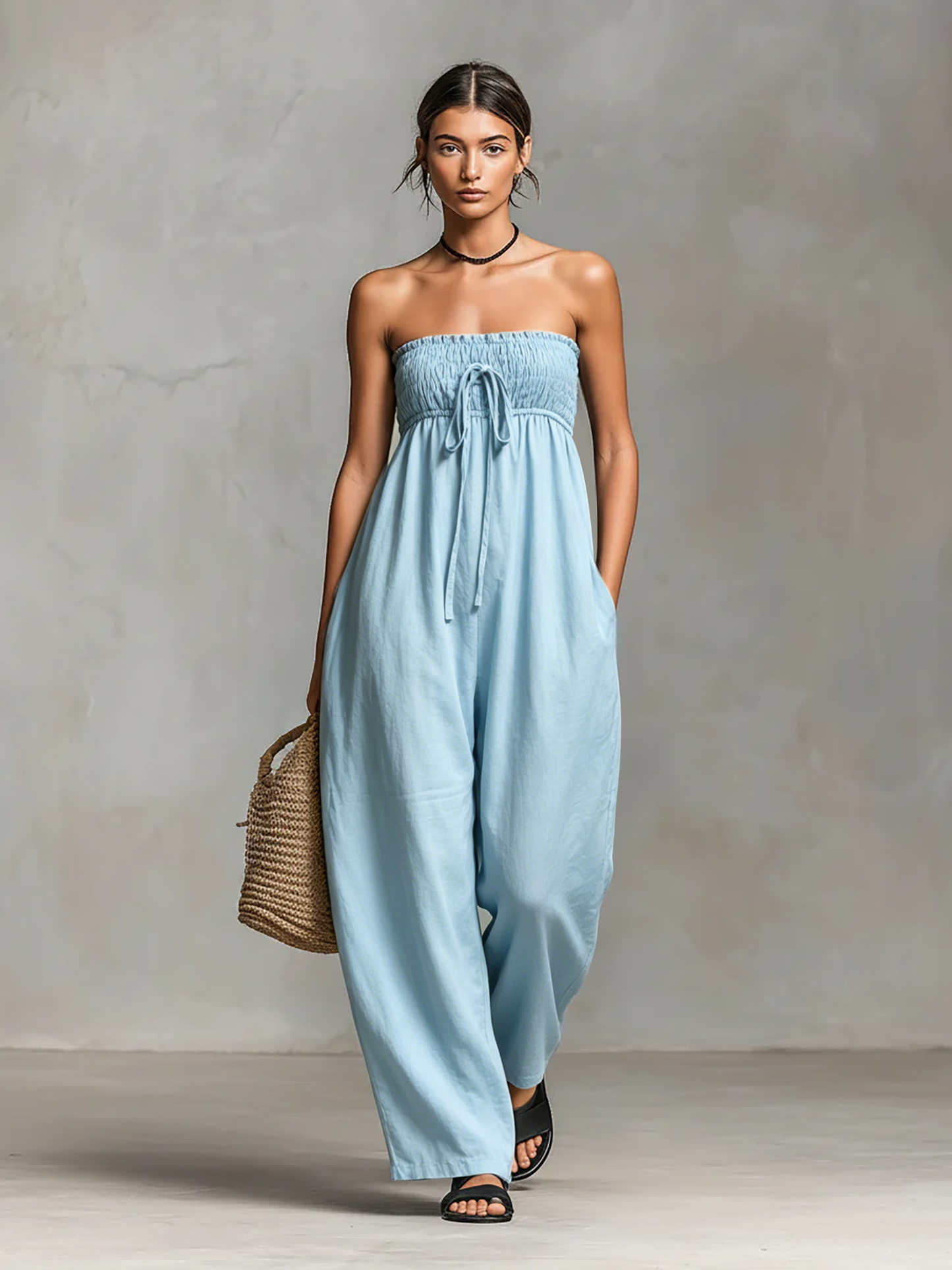 Women's Minimalist Loose-fitting Linen Blend Strapless Jumpsuit With Tie Closure