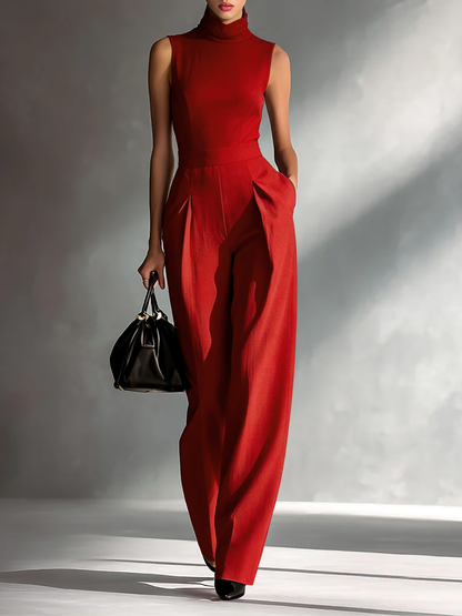 Women's Sleek Cotton-Linen Blend Burgundy Sleeveless Turtleneck Wide-Leg Jumpsuit