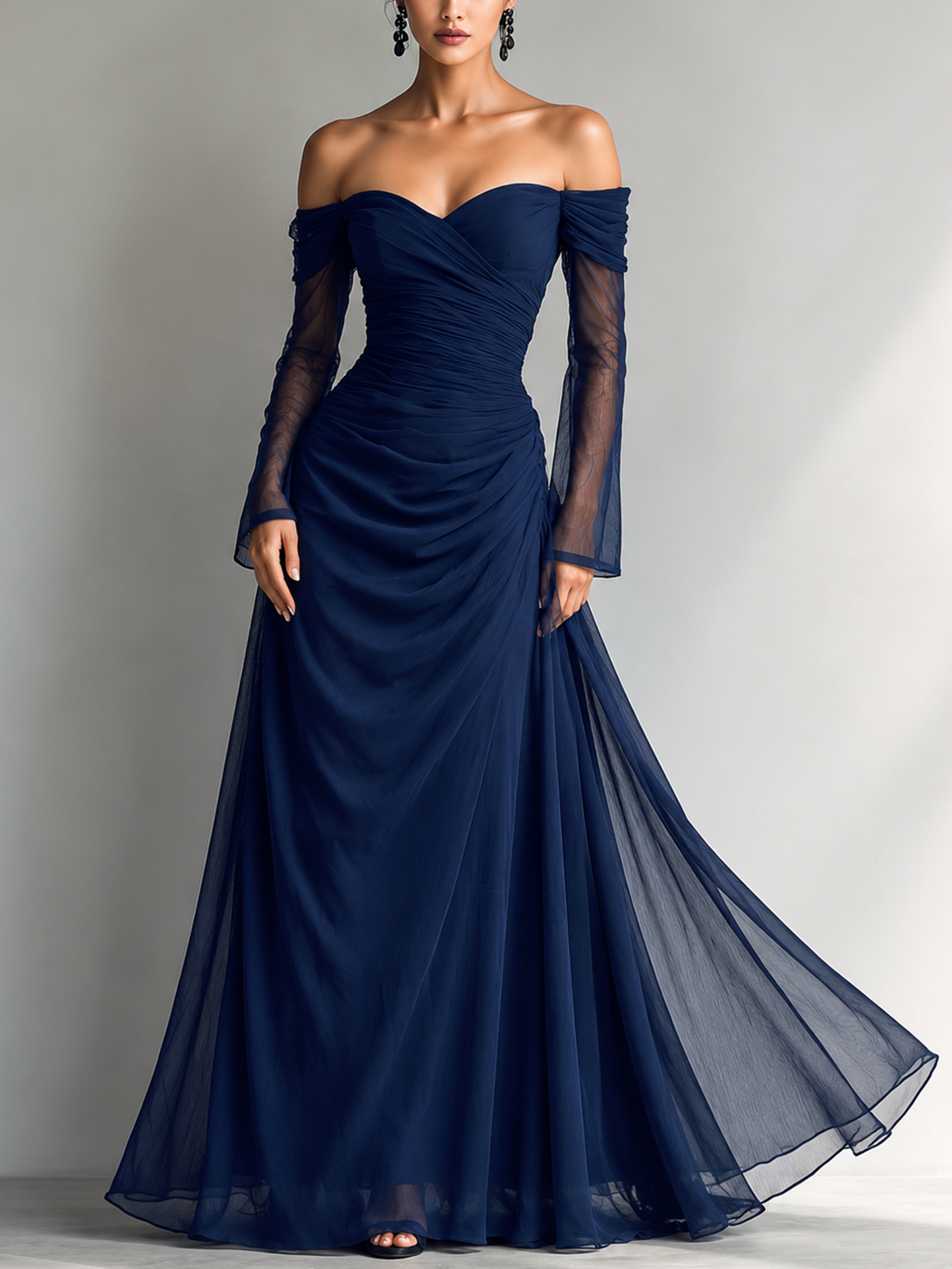 Women's Elegant Dark Blue Chiffon Organza Off-shoulder Long-sleeved Fitted Maxi Dress