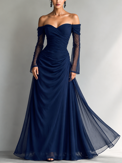 Women's Elegant Dark Blue Chiffon Organza Off-shoulder Long-sleeved Fitted Maxi Dress