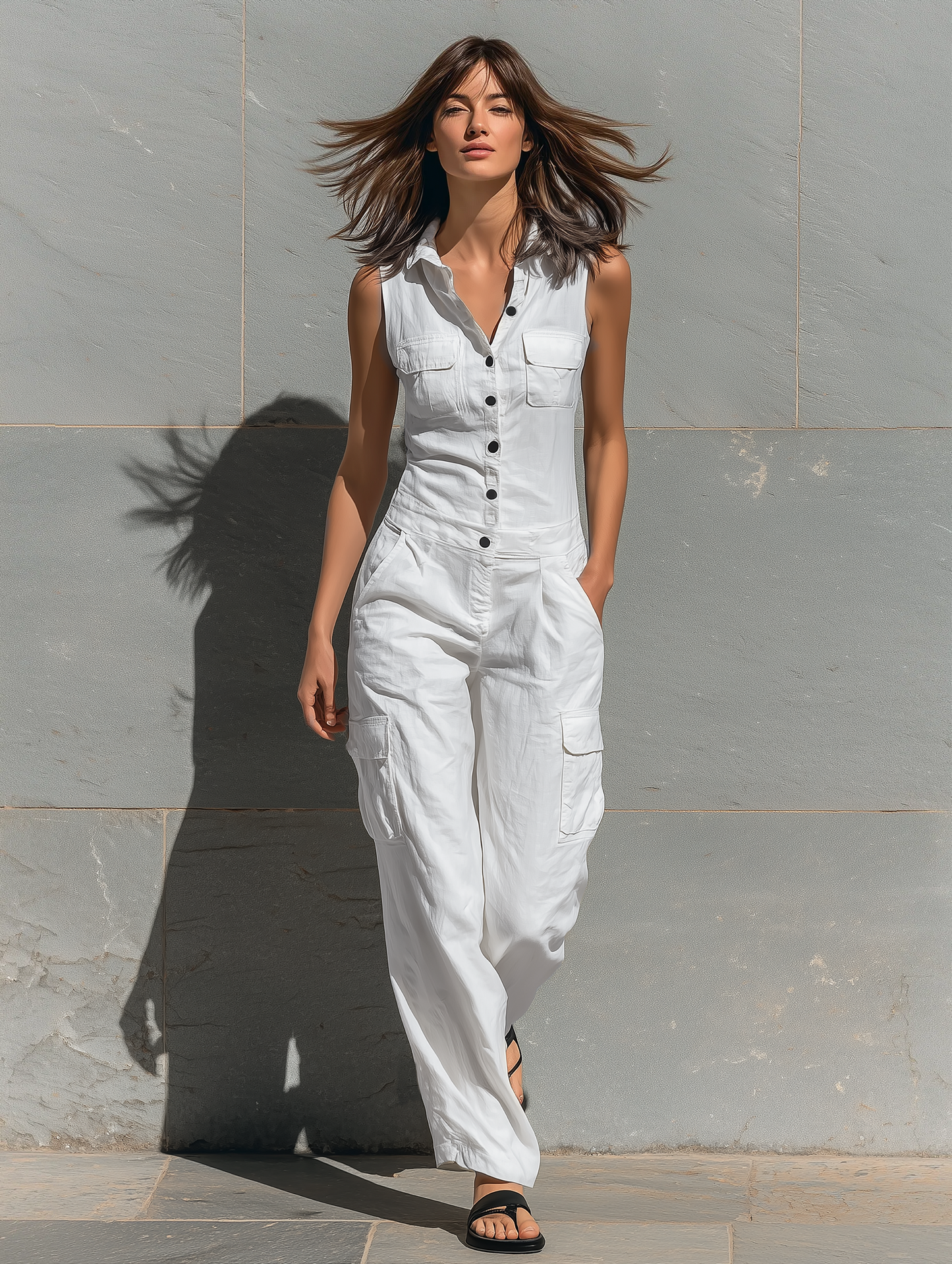Women's Minimalist Cotton Blend Single-breasted Sleeveless Jumpsuit