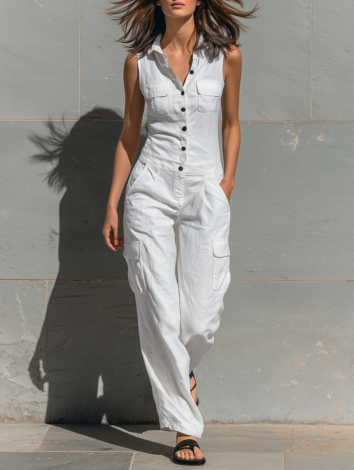 Women's Minimalist Cotton Blend Single-breasted Sleeveless Jumpsuit