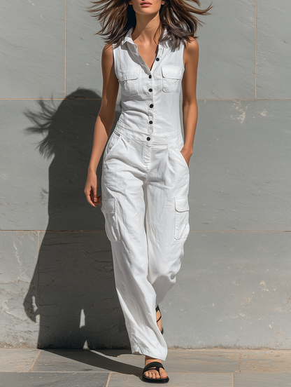 Women's Minimalist Cotton Blend Single-breasted Sleeveless Jumpsuit