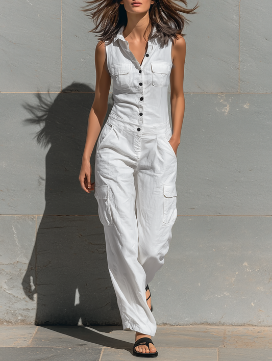 Women's Minimalist Cotton Blend Single-breasted Sleeveless Jumpsuit