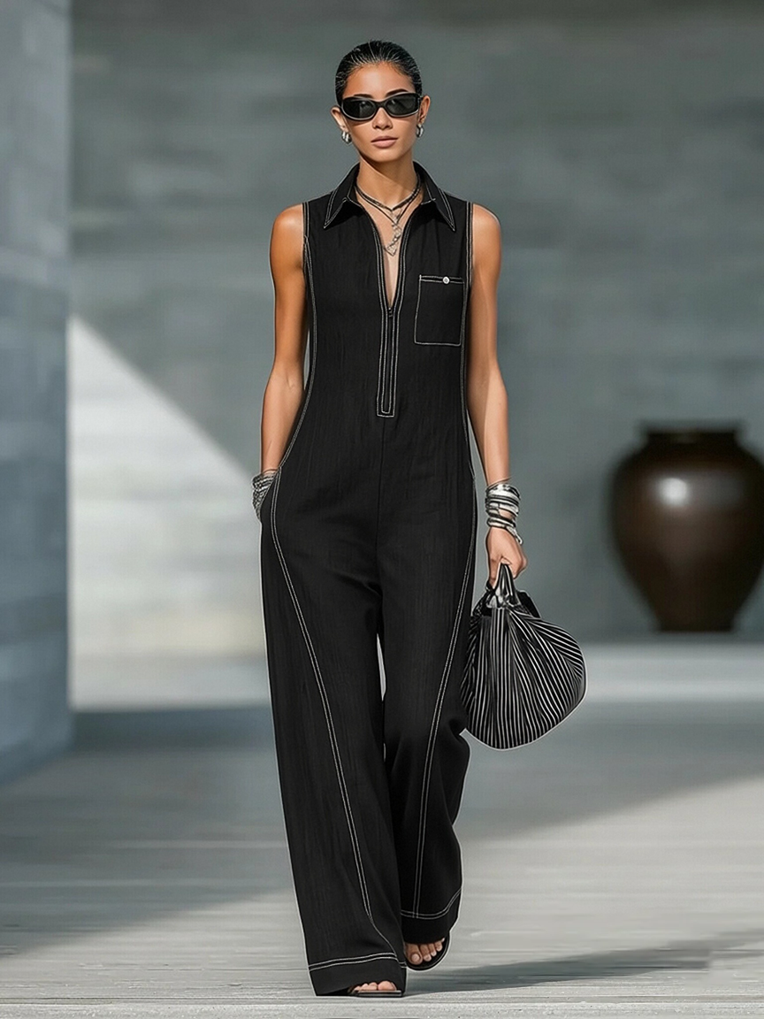 Women's Minimalist Loose-fitting White Trim Sleeveless Jumpsuit