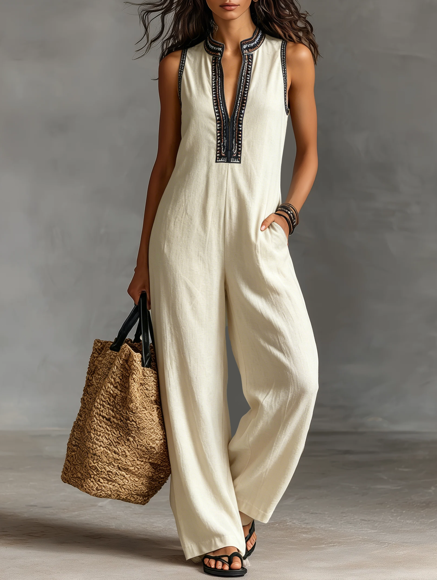 Women's Minimalist Linen Blend Sleeveless Jumpsuit With Zipper And Stand Collar, Featuring Embroidery
