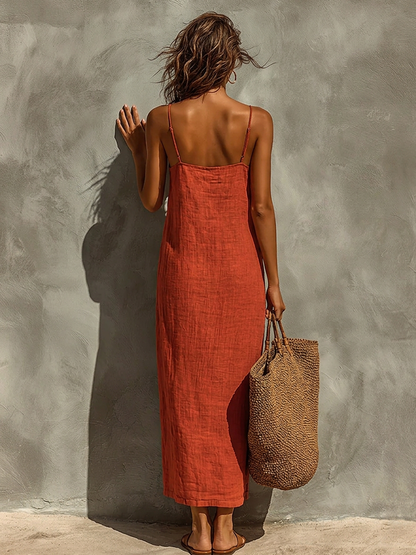 Women's Red Cotton Dress With Spaghetti Straps & Square Neck, Timeless Boho-Resort Style Dress