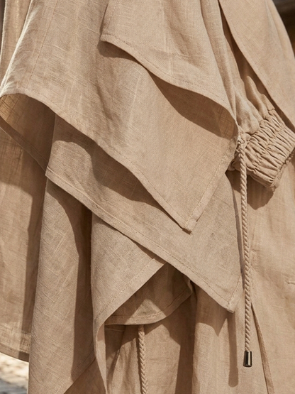 Women's Khaki Linen Blend Sheer Jacket With Lapel Collar Balloon Three Quarter Sleeves & Waist Drawstring, Minimalist Resort Lightweight Oversized Outerwear