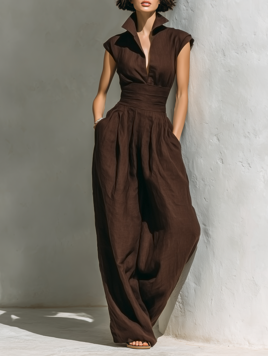 Women's Minimalist Linen Blend Jumpsuit With Cap Sleeves And Wide Legs