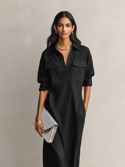 Women's Elegant Black Cotton-linen Blend Shirt Collar Short-sleeved Midi Dress