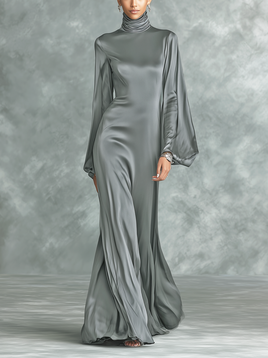 Women's Fashionable Grey Satin High-neck Long-sleeved Loose-fitting Maxi Dress