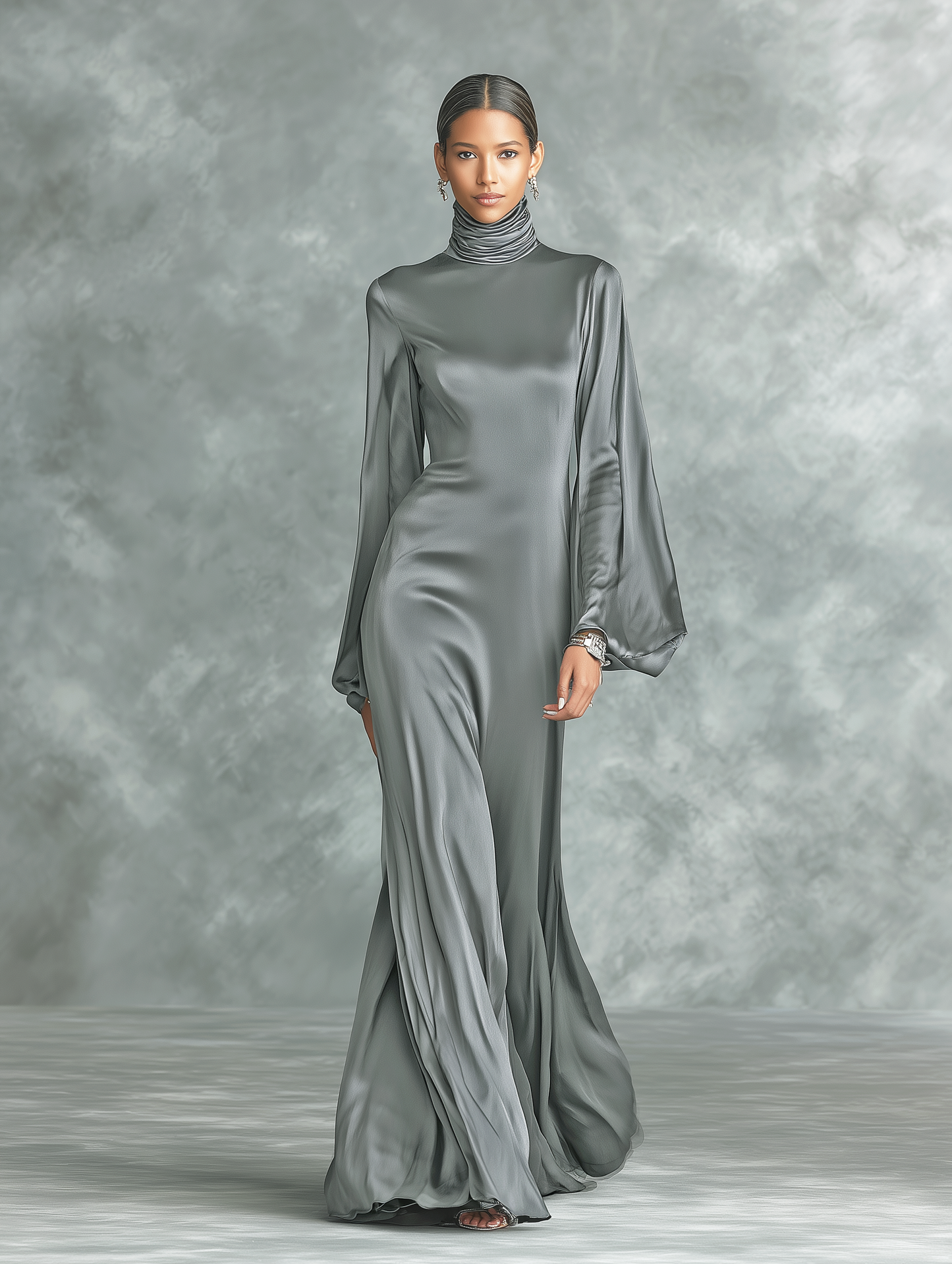 Women's Fashionable Grey Satin High-neck Long-sleeved Loose-fitting Maxi Dress