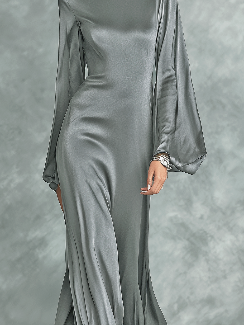 Women's Fashionable Grey Satin High-neck Long-sleeved Loose-fitting Maxi Dress