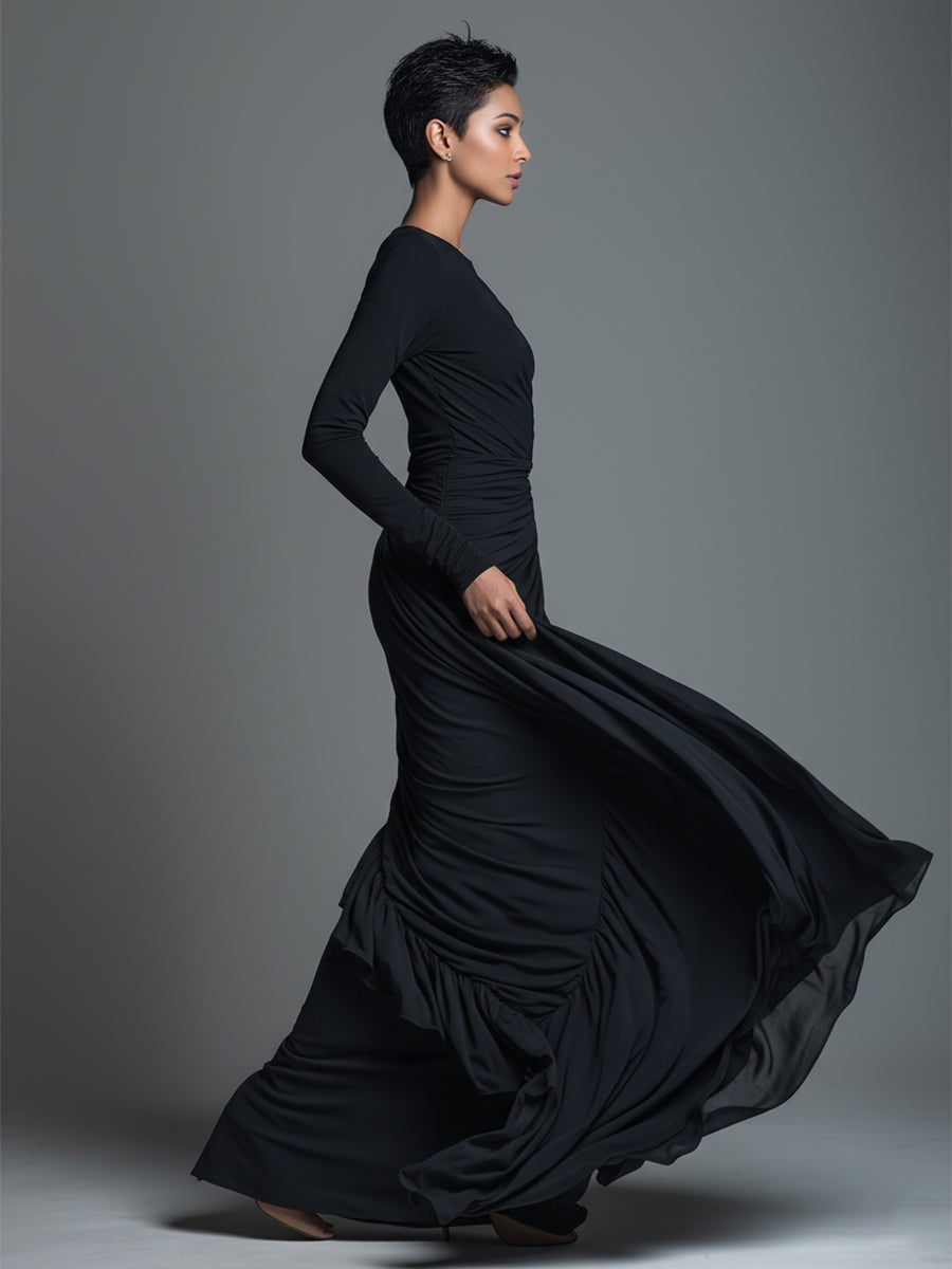 Women's Black Elegant Jersey Knit Ruched Maxi Dress