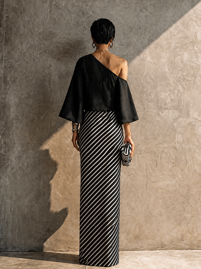 Women's Modern Elegant Black White Knit Cotton Blend One-Shoulder Striped Maxi Skirt Set