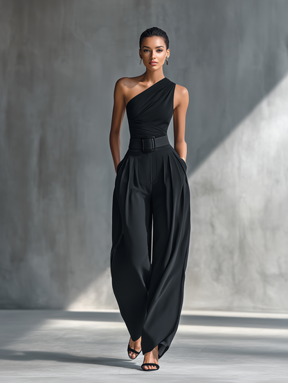 Women's Black High-elastic Knit Top And Acetate Wide-leg Pants