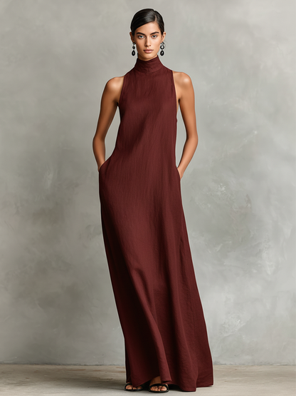Women's Black Linen-Blend Maxi Dress With High Neck & Side Pockets, Timeless Minimalist Casual Dress