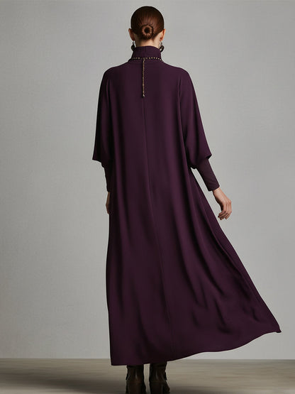 Women's Plum Draped Cotton-Blend Jersey Elegant Turtleneck Embroidered Maxi Dress