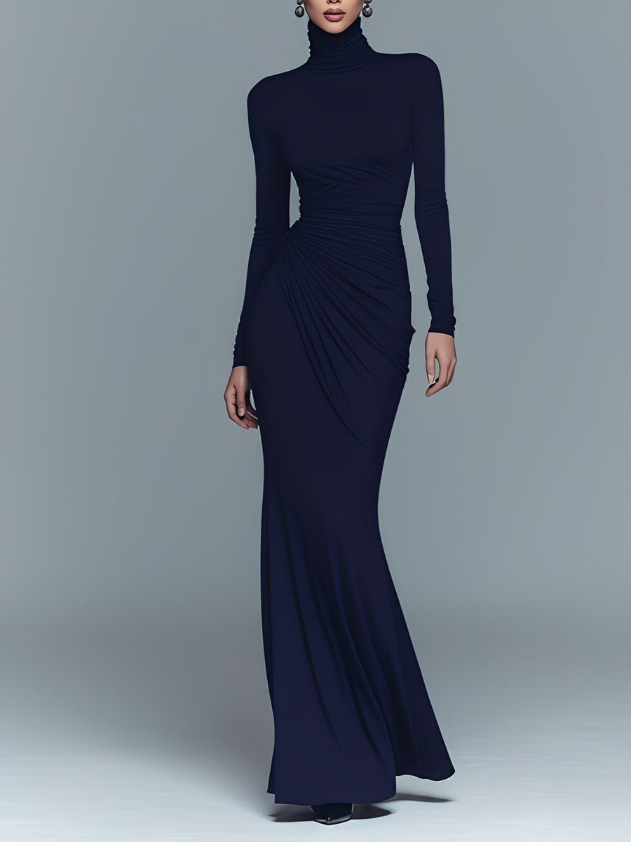 Women's Navy Elegant Stretch Polyester-Cotton Blend Turtleneck Draped Maxi Dress