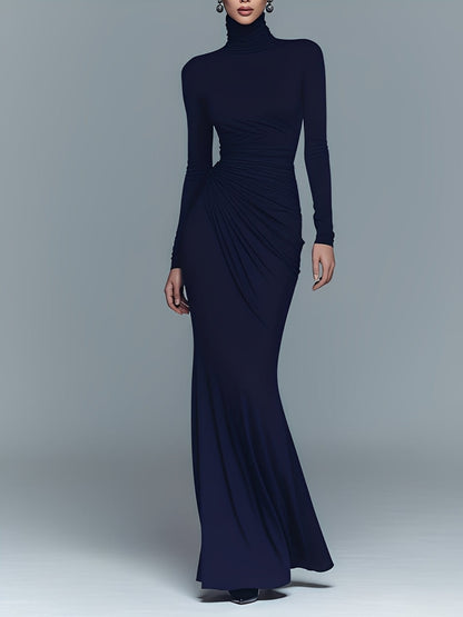 Women's Navy Elegant Stretch Polyester-Cotton Blend Turtleneck Draped Maxi Dress