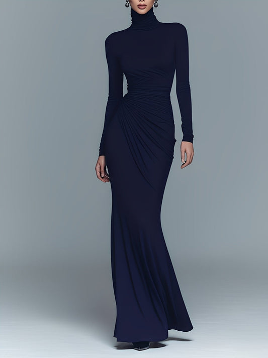Women's Navy Elegant Stretch Polyester-Cotton Blend Turtleneck Draped Maxi Dress
