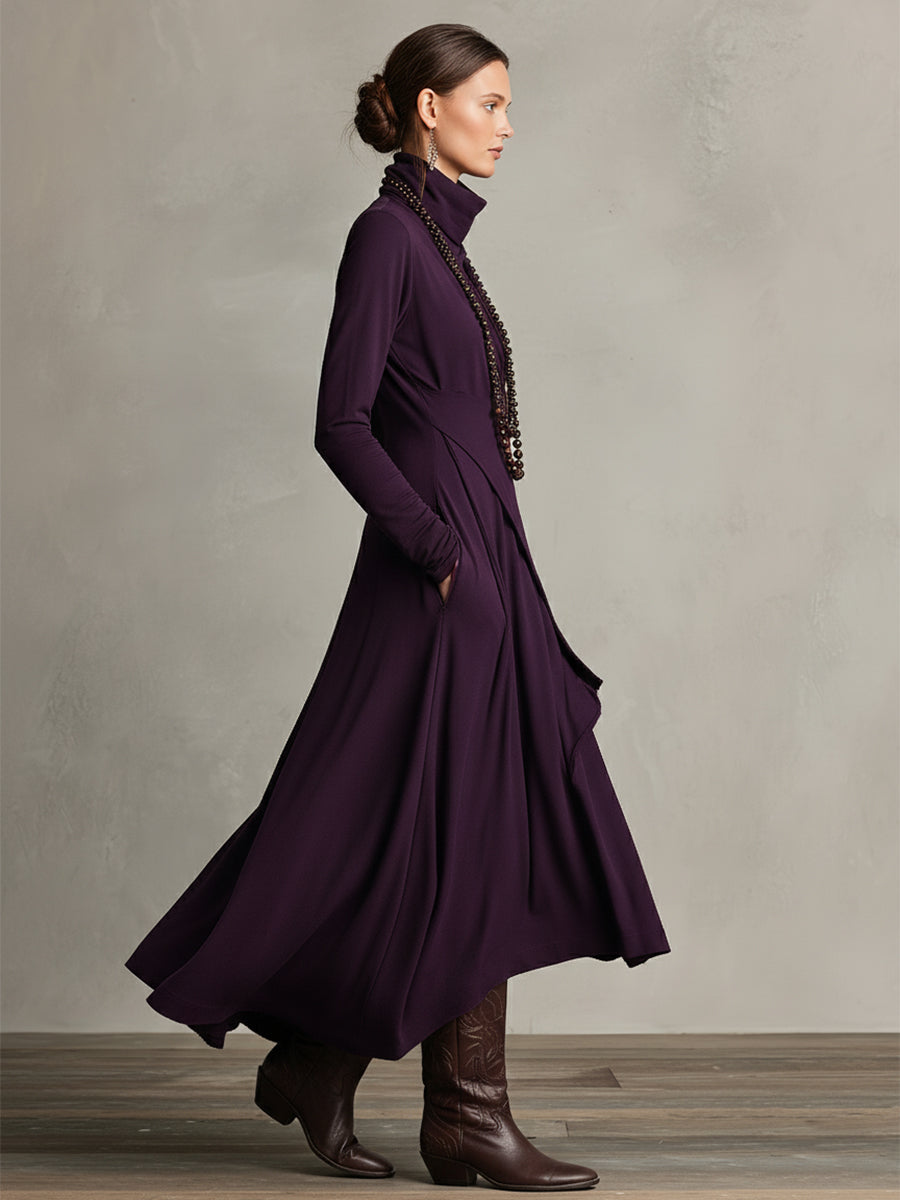 Women's Purple Bohemian Cotton Stretch Turtleneck Asymmetrical Draped Maxi Dress