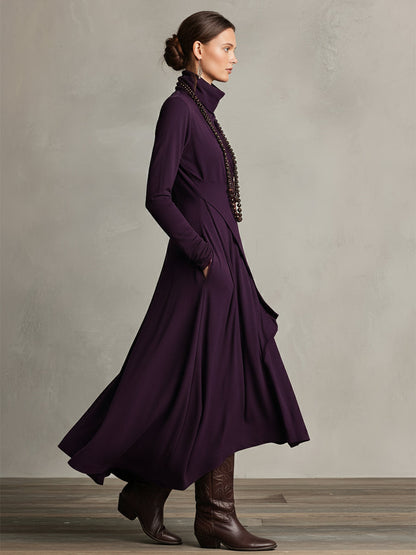 Women's Purple Bohemian Cotton Stretch Turtleneck Asymmetrical Draped Maxi Dress