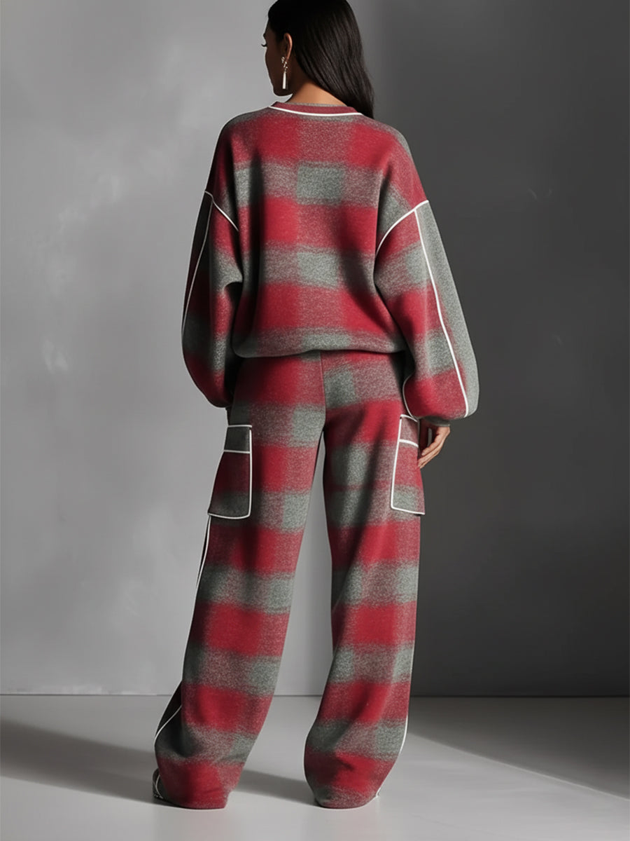 Women's Red And Gray Plaid Brushed Distressed Street Style Color-Blocked Piping Pantsuit Set