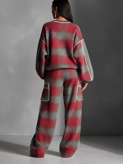 Women's Red And Gray Plaid Brushed Distressed Street Style Color-Blocked Piping Pantsuit Set