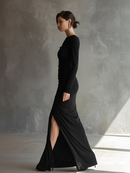 Women's Black Elegant Jersey Off - Shoulder Ruched Slit Maxi Dress