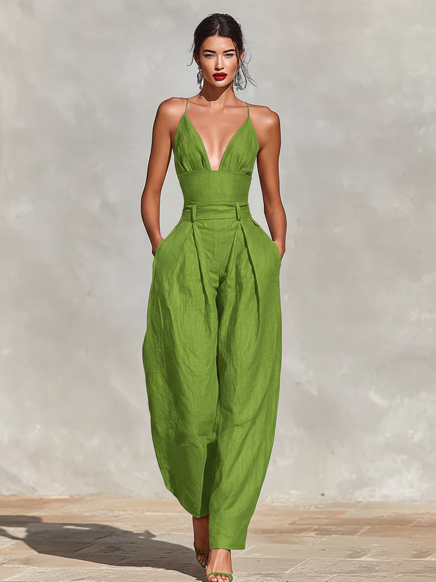 Women's Red Linen Jumpsuit With Spaghetti Straps & High-Waisted Pleated Pants, Timeless Romantic-Elegant Style Jumpsuit