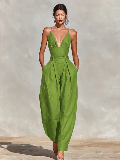 Women's Red Linen Jumpsuit With Spaghetti Straps & High-Waisted Pleated Pants, Timeless Romantic-Elegant Style Jumpsuit